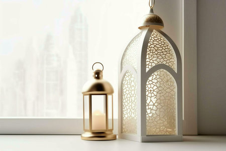 Two lanterns, one gold and one white, with intricate designs, are placed on a window sill,...