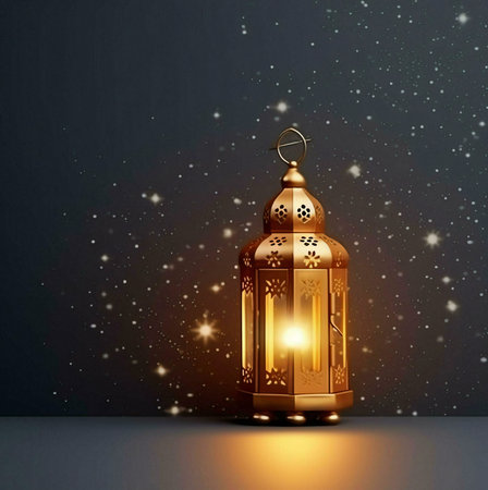 A golden lantern with intricate carvings and a soft glow, set against a dark background with...