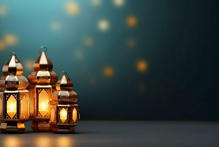 Three golden lanterns, glowing with warm light, arranged on a dark background with bokeh effects. The lanterns are adorned with intricate designs and create a festive atmosphere.の写真素材