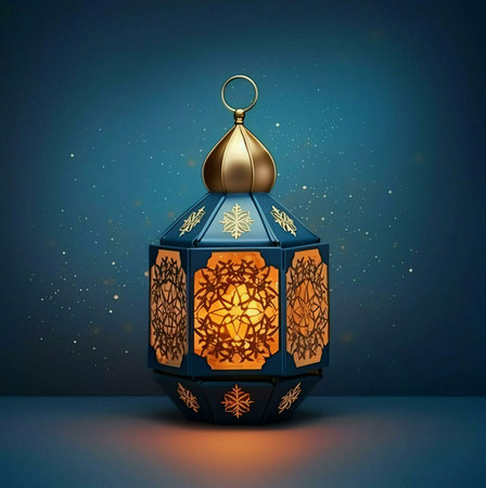 A beautifully decorated Ramadan lantern with intricate patterns and warm, glowing light, set against...