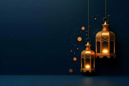 Two golden lanterns hanging from the ceiling, illuminated and decorated with stars, against a dark blue background. The lanterns represent Ramadan, Eid, and the spirit of Islamic culture.の写真素材