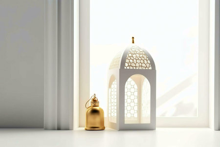 A white lantern with a gold ornament near a window, set for a festive occasion.の写真素材