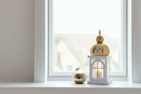 A white lantern with a golden top sits on a windowsill, illuminated by a candle inside. A golden Christmas ornament sits next to it.の写真素材