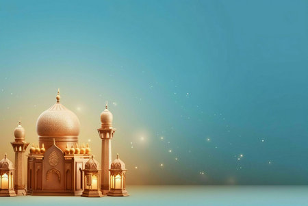 A golden mosque with intricate details, set against a blue sky with glowing lights.の写真素材