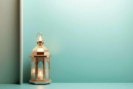A golden Ramadan lantern with intricate details stands on a light blue surface, lit by candles. The...