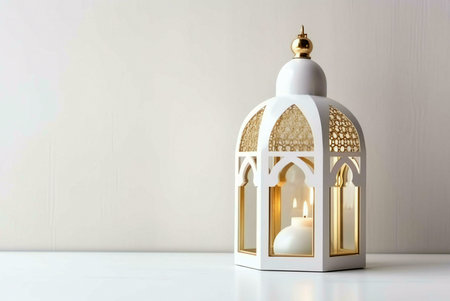 A white lantern with a candle inside, a symbol of hope and peace, on a white surface against a white...