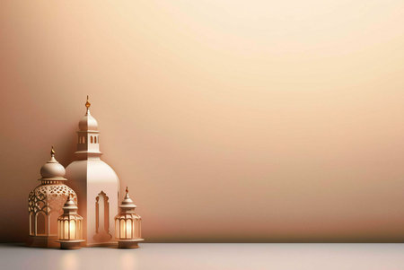 A collection of Islamic lanterns with intricate patterns, glowing warmly against a peachy background.の写真素材