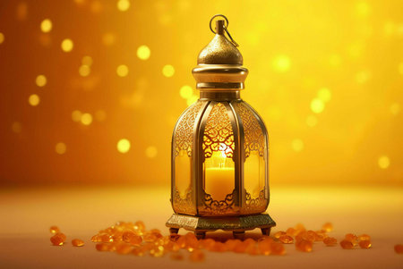 A traditional Ramadan lantern with intricate details and a warm, inviting glow, symbolizing the spirit of the holy month.の写真素材