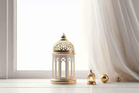 Golden lanterns resting on a windowsill, adorned with intricate details, symbolizing light and...