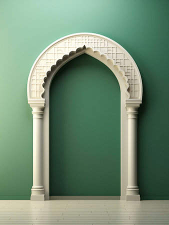An ornate white archway with intricate details stands against a green wall, creating a captivating display of architectural beauty and traditional design.