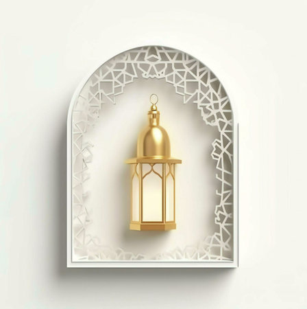 A golden lantern hanging in a white arch intricately with geometric patternの写真素材