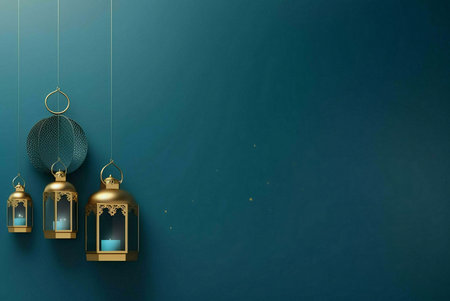 Three golden lanterns with intricate designs hang from strings against a teal background.の写真素材