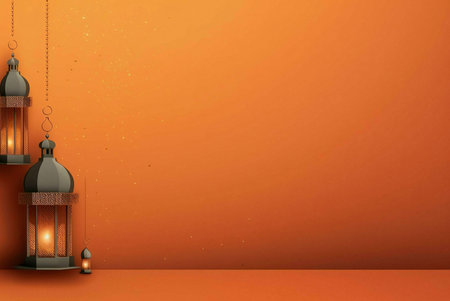 Three lanterns hanging on a orange background with glitter, a minimalist design for Ramadan.の写真素材