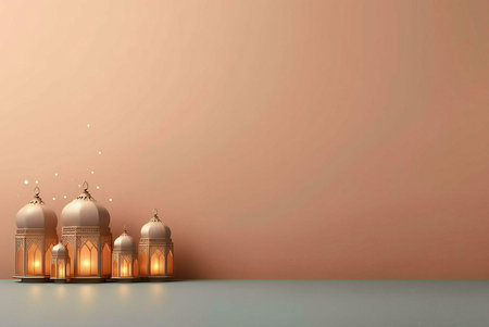 A row of golden lanterns with intricate designs and glowing lights against a simple peach background. The image portrays a festive and celebratory atmosphere, ideal for Ramadan or Eid decorations.の写真素材
