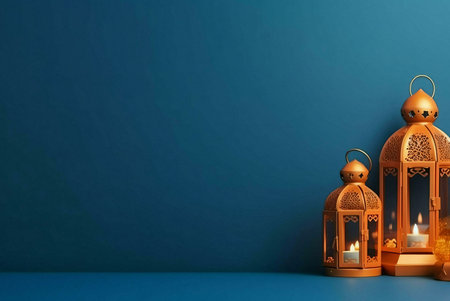 Two ornate metal lanterns with candles glowing, set against a teal blue background. The lanterns add a warm and inviting glow, perfect for a festive celebration.の写真素材
