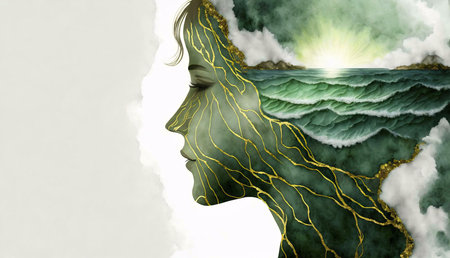 A profile of a woman with a deep sea, clouds and a bright sunset revealed inside.