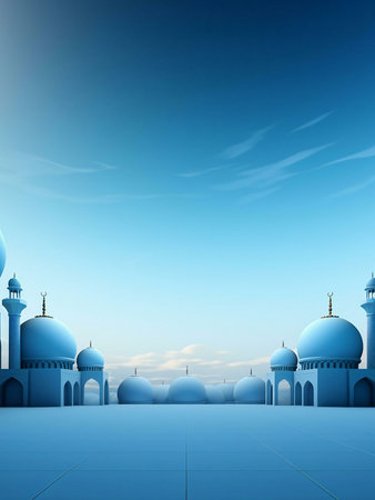 A blue mosque with a clear blue sky in the background.の写真素材