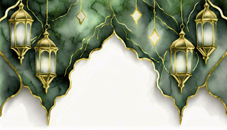 Four golden lanterns hanging on a green marble background with gold accents, a classic design for Ramadanの写真素材