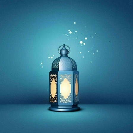 A beautiful blue lantern with intricate details, standing against a blue background. The lantern is lit with a warm glow, radiating light and symbolizing the spirit of Ramadan.の写真素材