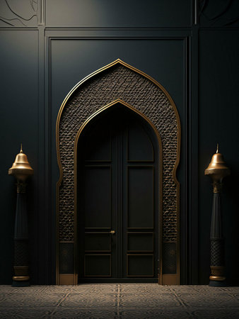 An intricately golden archway leading to a set of double doors in a dark room. The door is surrounded by ornate details and framed against a black backdrop, creating a sense of grandeur and mystery.の写真素材
