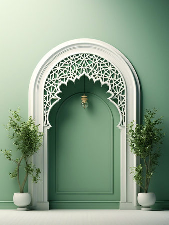 A contemporary interpretation of Islamic architecture with a green wall and white arch. The design features intricate details and a minimalist aesthetic.の写真素材