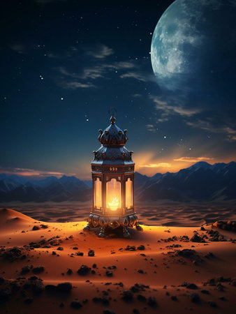 A single lantern glows brightly in the vast desert night, casting a warm light against the backdrop of a majestic moon and a starry sky. The scene evokes a sense of peace, serenity, and hope.の写真素材