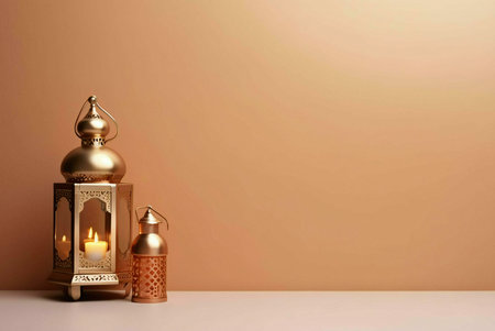 Two golden lanterns with intricate designs sit on a white table against a warm peach background. The larger lantern has a lit candle inside, creating a warm and inviting glow.の写真素材