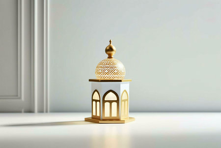 A golden lantern with a white base and intricate details. The light inside the lantern creates a warm glow.の写真素材