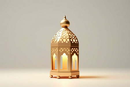 A golden lantern with intricate designs stands on a white background, emanating a warm, inviting...