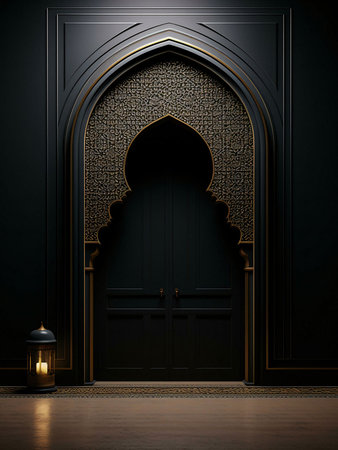 An ornate doorway with an intricate design, likely inspired by Islamic or Moroccan architecture. The black and gold color scheme adds to the grand and luxurious feel.の写真素材