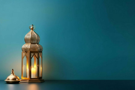 An ornate golden lantern with lit candles against a teal background, symbolizing the spirit of Ramadan.の写真素材