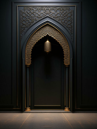 A black and gold archway with intricate details and a gold lamp hanging from the center.の写真素材