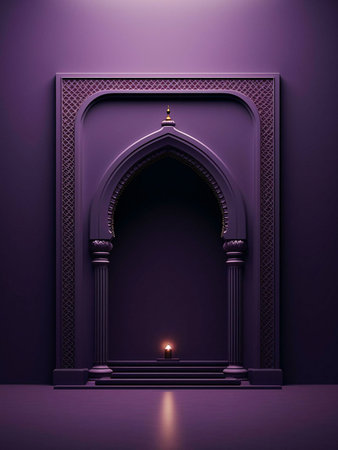 A 3D rendered image depicting a mosque interior with a lit candle in the middle of a purple archwayの写真素材