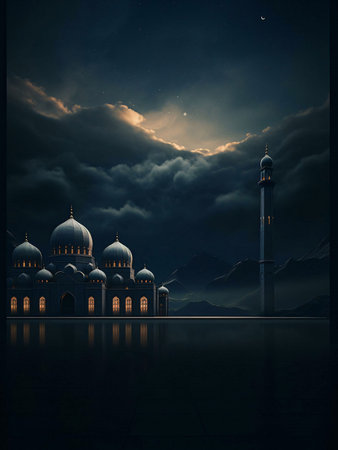 A majestic mosque with minarets and domes reflected in a still body of water under a dark night sky. The moon and stars illuminate the scene.の写真素材