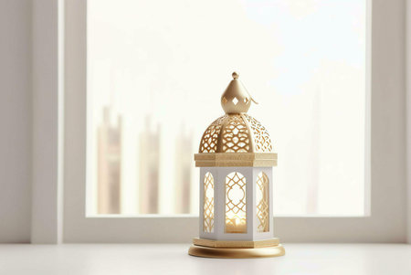A beautifully crafted golden and white lantern intricately with designs against a window background, symbolizing the spirit of Ramadan.の写真素材