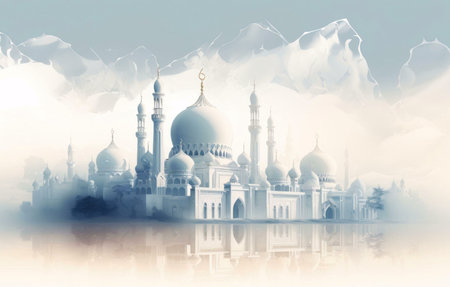 A beautiful white mosque with intricate details stands against a backdrop of ethereal clouds, reflecting in the water below. The image evokes a sense of peace and spirituality.の写真素材