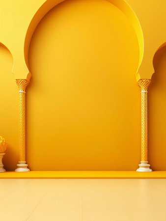 An empty room with golden archways and pillars, creating a minimalist and modern aesthetic. The yellow walls and floor provide a bright and inviting atmosphere.の写真素材