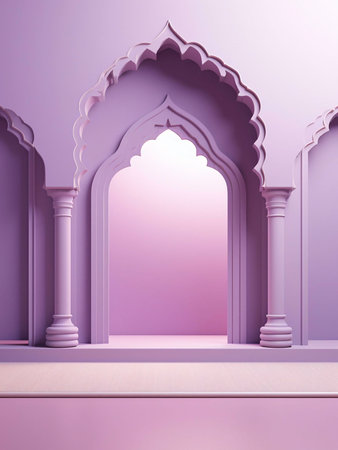 A minimal 3D render of an archway with a purple hue, reminiscent of Islamic architecture.の写真素材