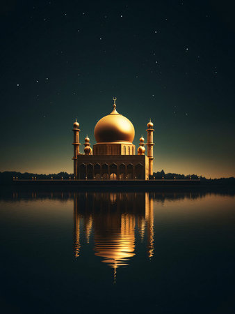 A golden mosque stands tall against a backdrop of a starlit night sky, its reflection perfectly...