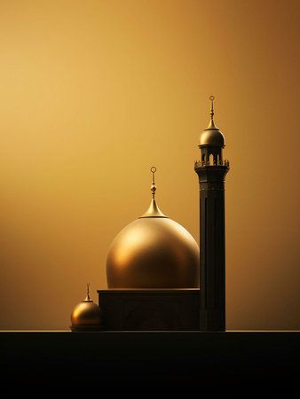 A golden mosque with a dome and minaret against a golden background.の写真素材