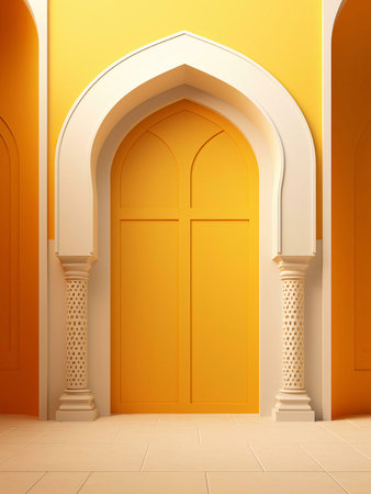 A yellow door with an arched entrance, white pillar, and yellow walls.の写真素材