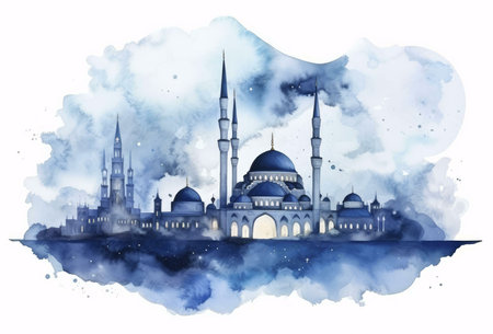 Watercolor painting of a mosque against a blue watercolor backgroundの写真素材