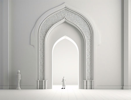 An ornate white archway with intricate Islamic patterns, suggesting a passage into a sacred space. The light illuminating the doorway symbolizes hope and spiritual enlightenment.の写真素材