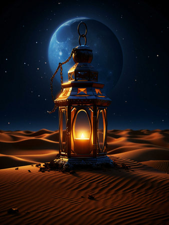 A golden lantern sits on a sand dune in the desert, illuminated by a bright candle, under the glow of a full moon and a starry sky.の写真素材