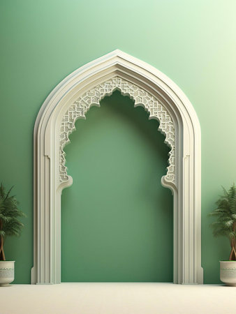 An ornate Islamic archway against a green wall with plants.の写真素材