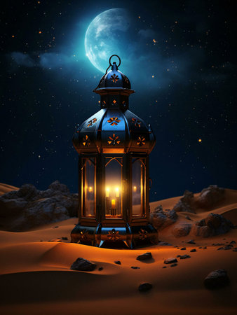 A glowing lantern stands in the desert under a vast night sky with a full moon. The lantern, crafted from metal, illuminates the surrounding sand with its warm light.の写真素材