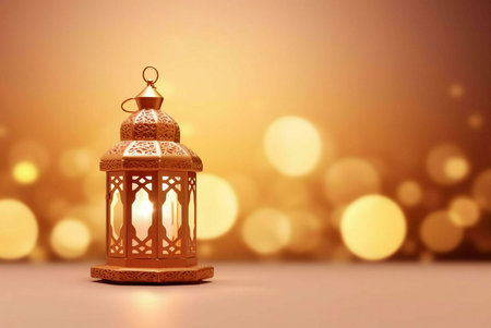 A golden Ramadan lantern with a candle inside, on a background of warm bokeh lights. The lantern is a symbol of hope, light and guidance during the holy month of Ramadan.の写真素材