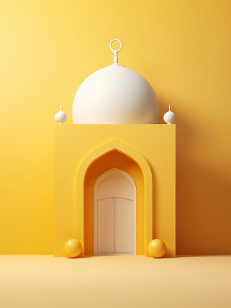 A minimalist 3D illustration of a mosque with a yellow background and a white dome, archway, and door.の写真素材
