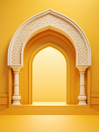 A golden archway with intricate patterns and columns.の写真素材