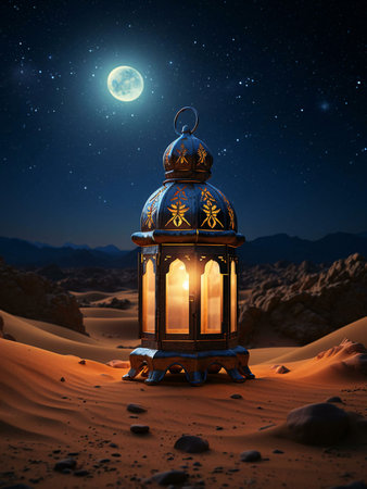 A glowing lantern sits in the desert under a full moon and starry sky.